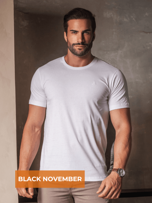 CAMISETA BÁSICA BRANCA BORDADA MASCULINA