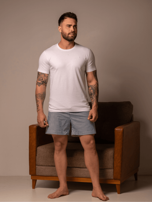 CONJUNTO CAMISETA BÁSICA BRANCA  + BOXER XADREZ 